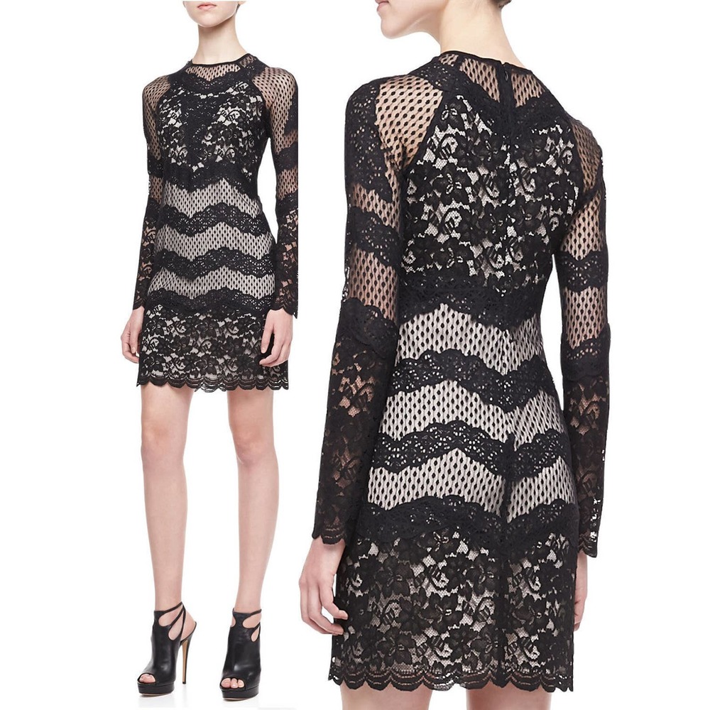 Diane Von Furstenberg Violet Black Mixed Lace Illusion Sheath Dress Size 2